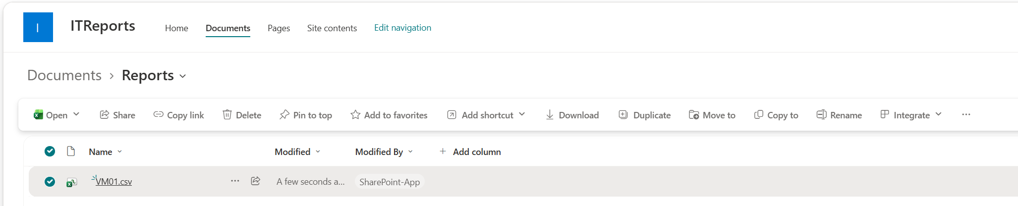 Uploaded VM01-Services.csv report visible in the SharePoint document library